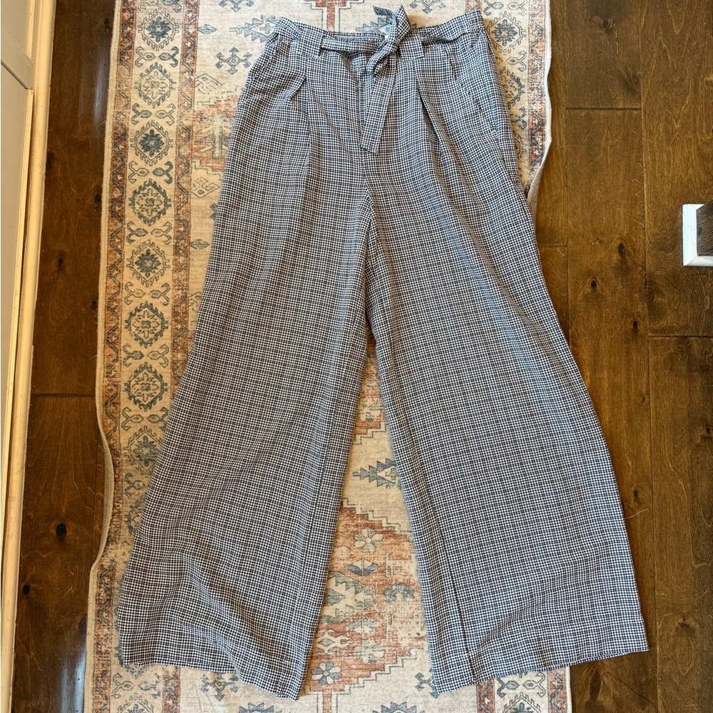 Gray Plaid Wide-Leg Pants